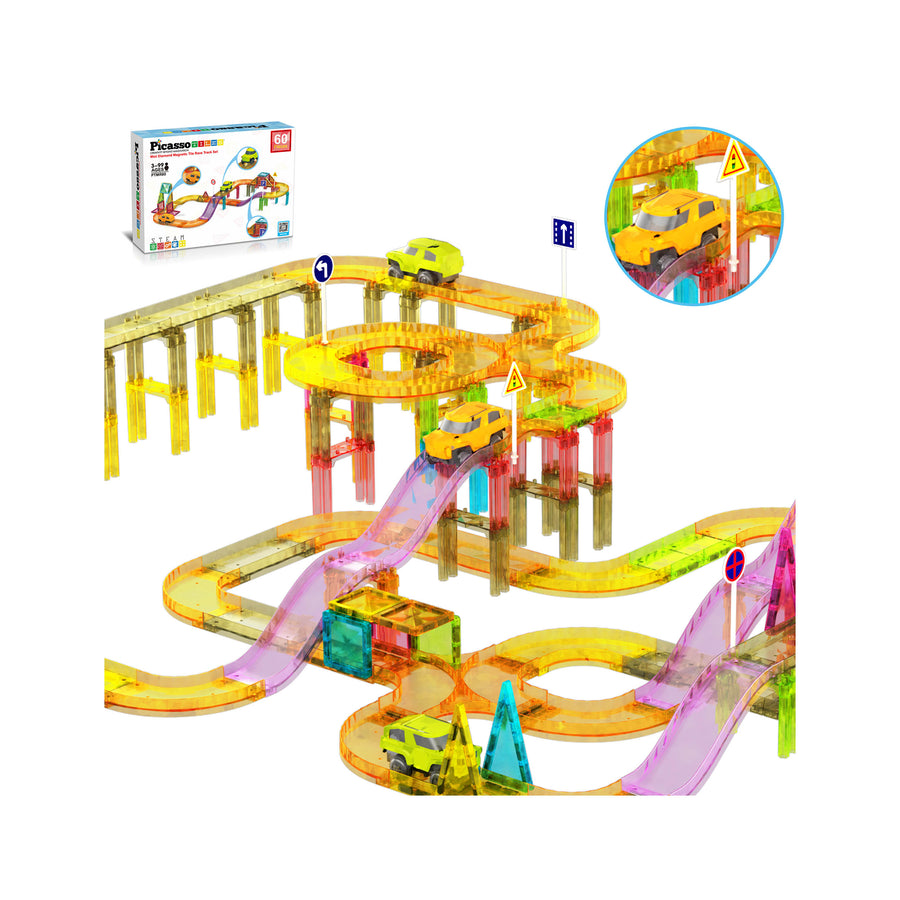 PicassoTiles 60pc Travel Magnet Tile Race Track with Car Playset