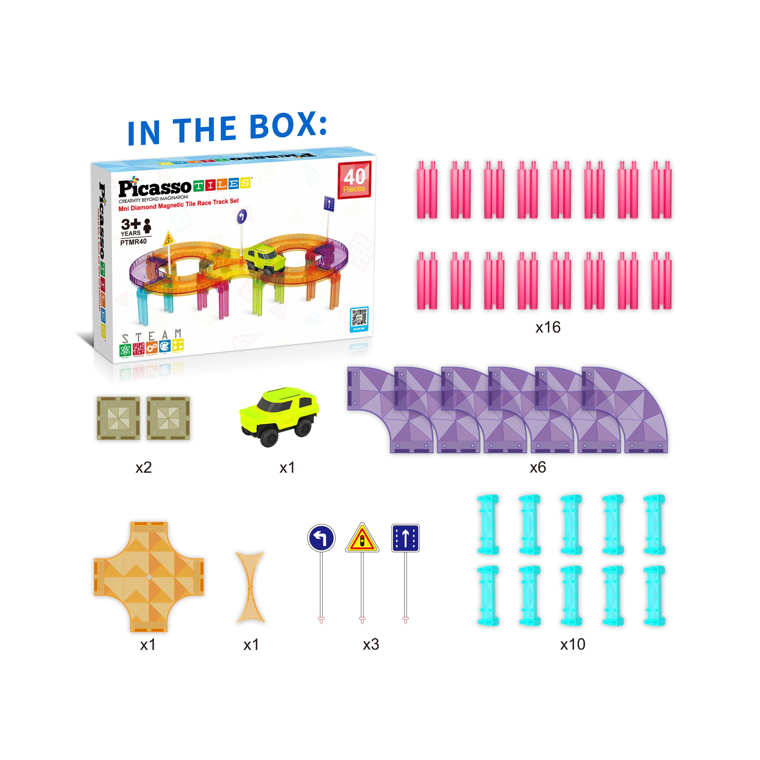 PicassoTiles 40pc Magnetic Tiles Race Track Travel Toy with Car