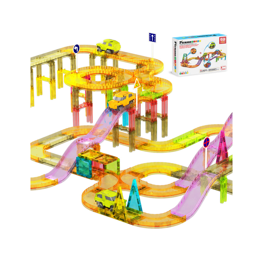 PicassoTiles 60pc Mini Magnetic Tile Race Track Set