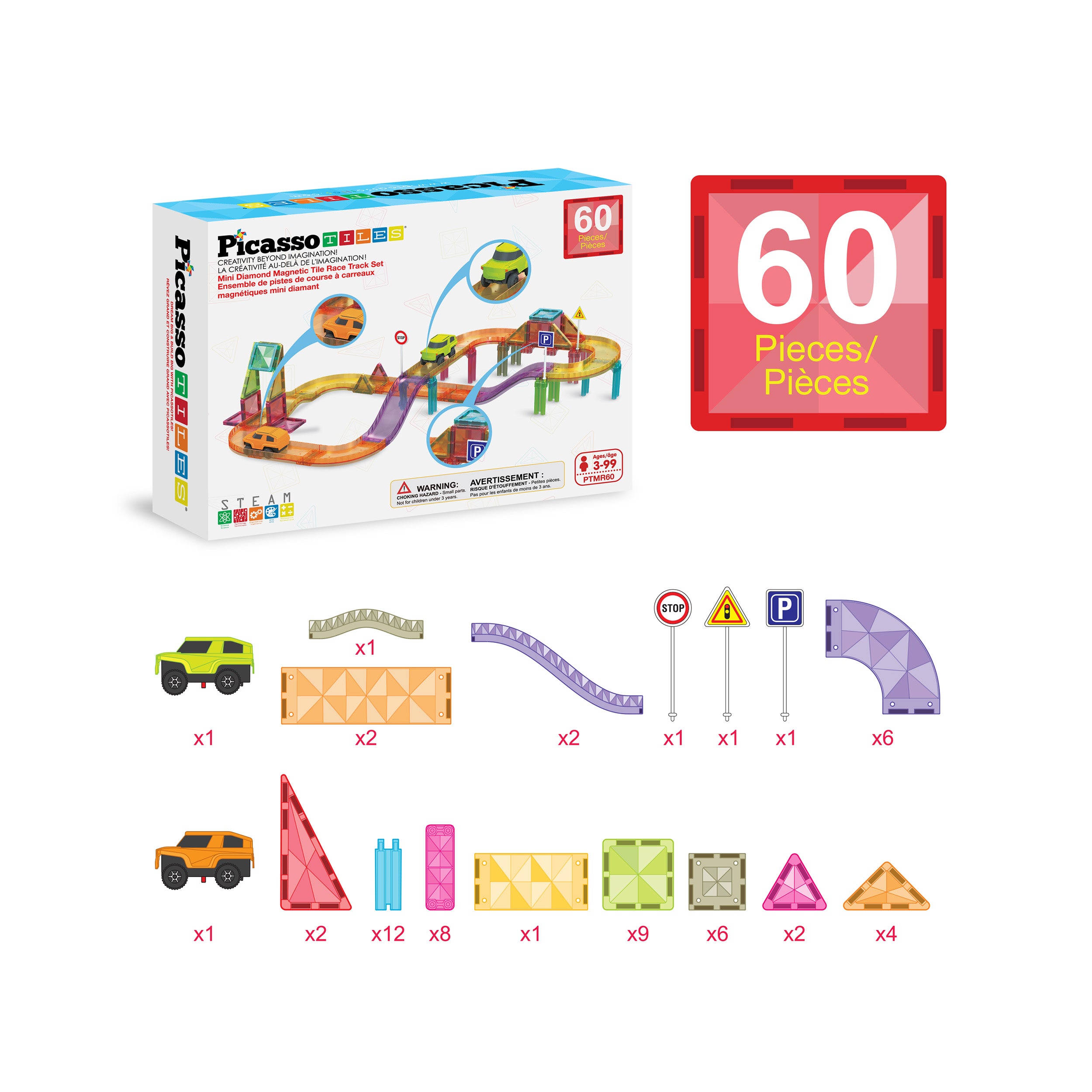 PicassoTiles 60pc Mini Magnetic Tile Race Track Set