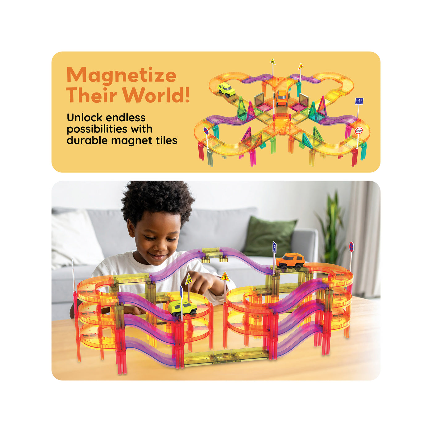 PicassoTiles 60pc Mini Magnetic Tile Race Track Set