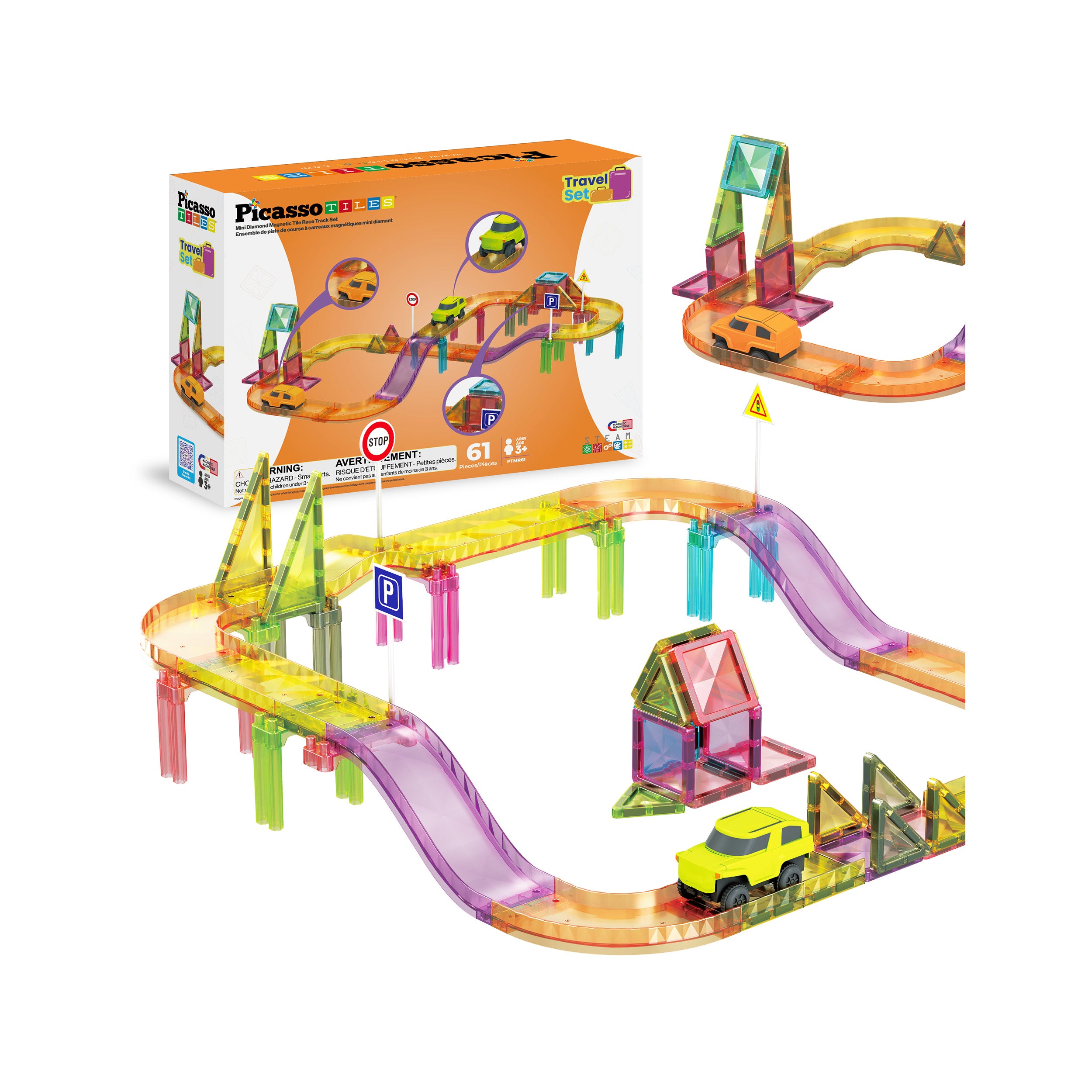 61-piece magnetic race track playset with toy car, ramps, bridges, traffic signs, and PicassoTiles packaging box