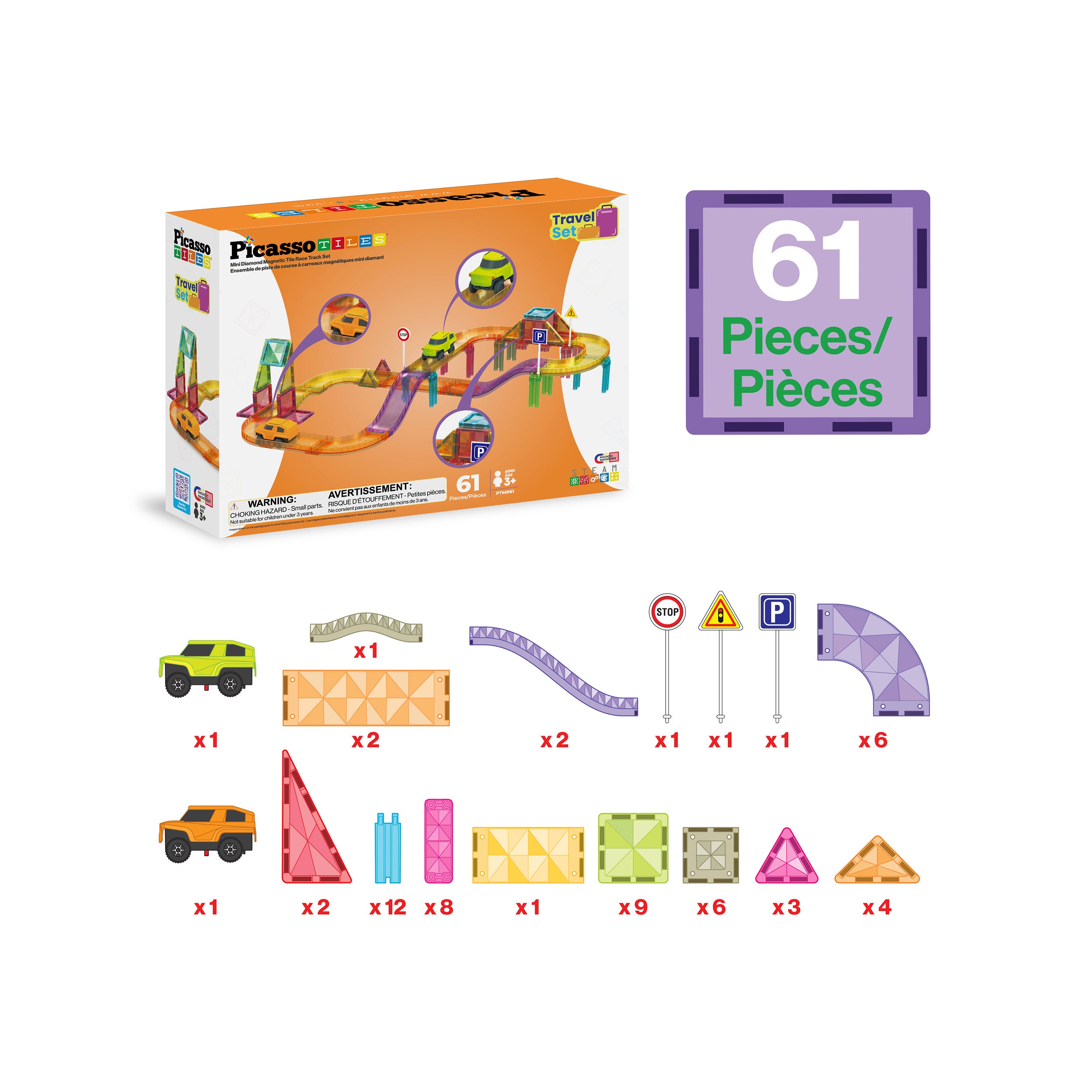 61-piece magnetic race track playset piece breakdown diagram with packaging box.