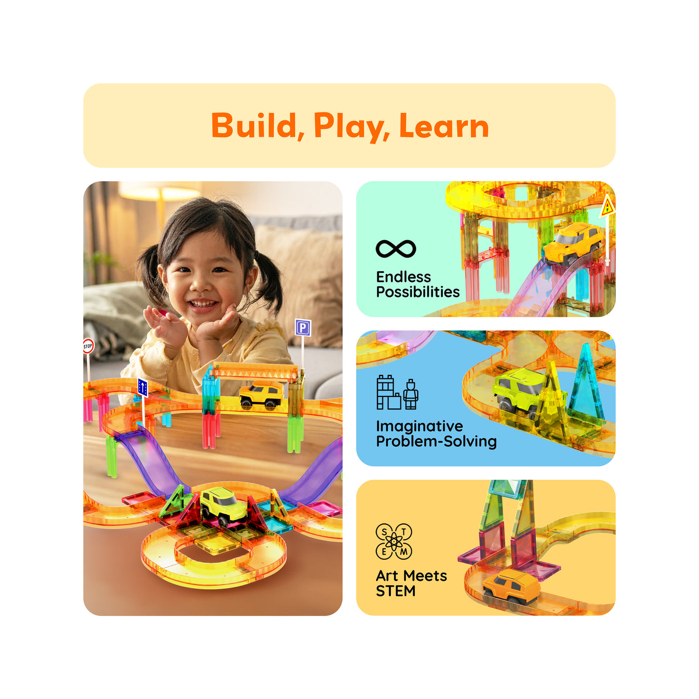 Smiling girl playing with a magnetic race track set beside three feature panels under "Build, Play, Learn".