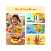 Smiling girl playing with a magnetic race track set beside three feature panels under "Build, Play, Learn".