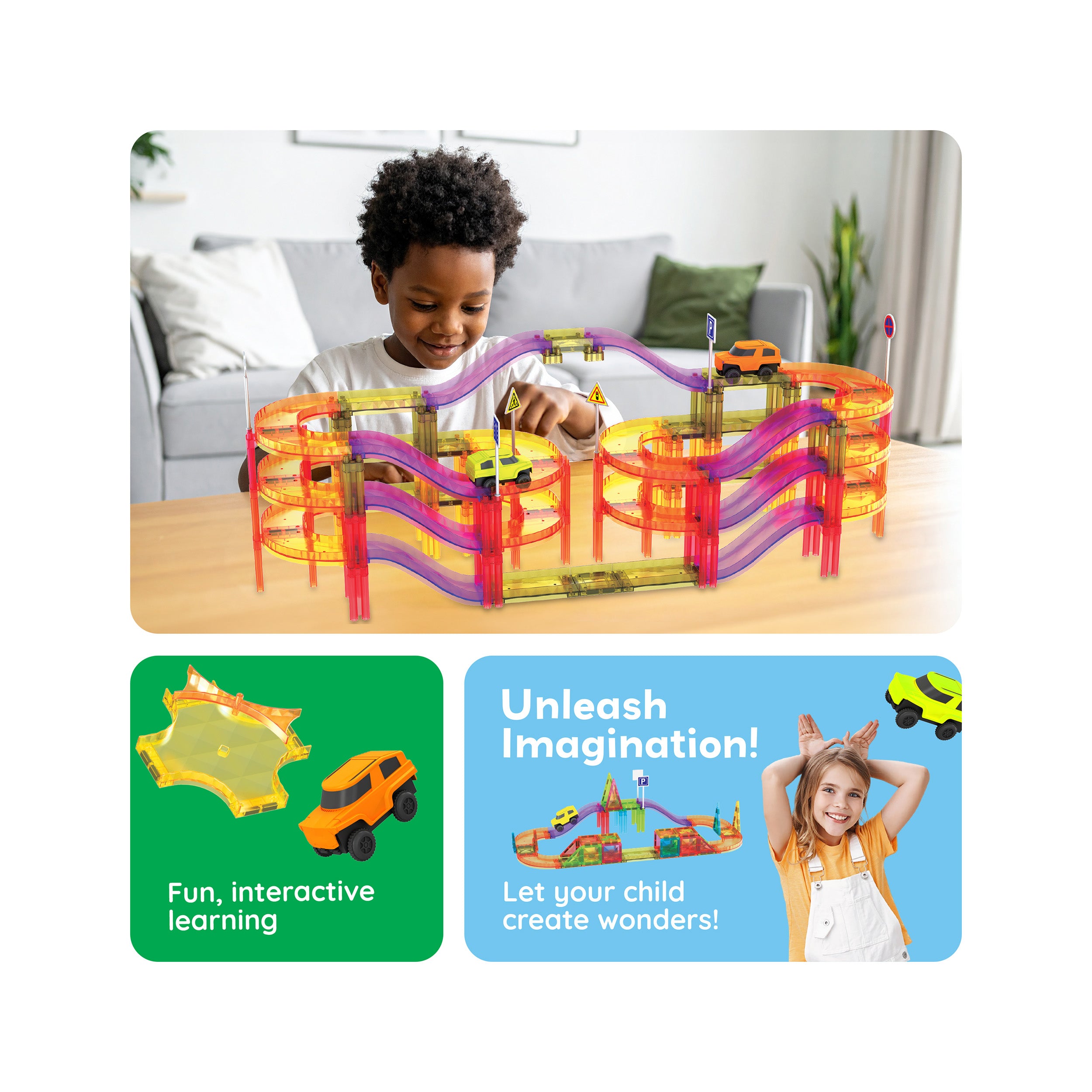 Boy playing with a multi-level magnetic race track structure above feature panels highlighting creative play.