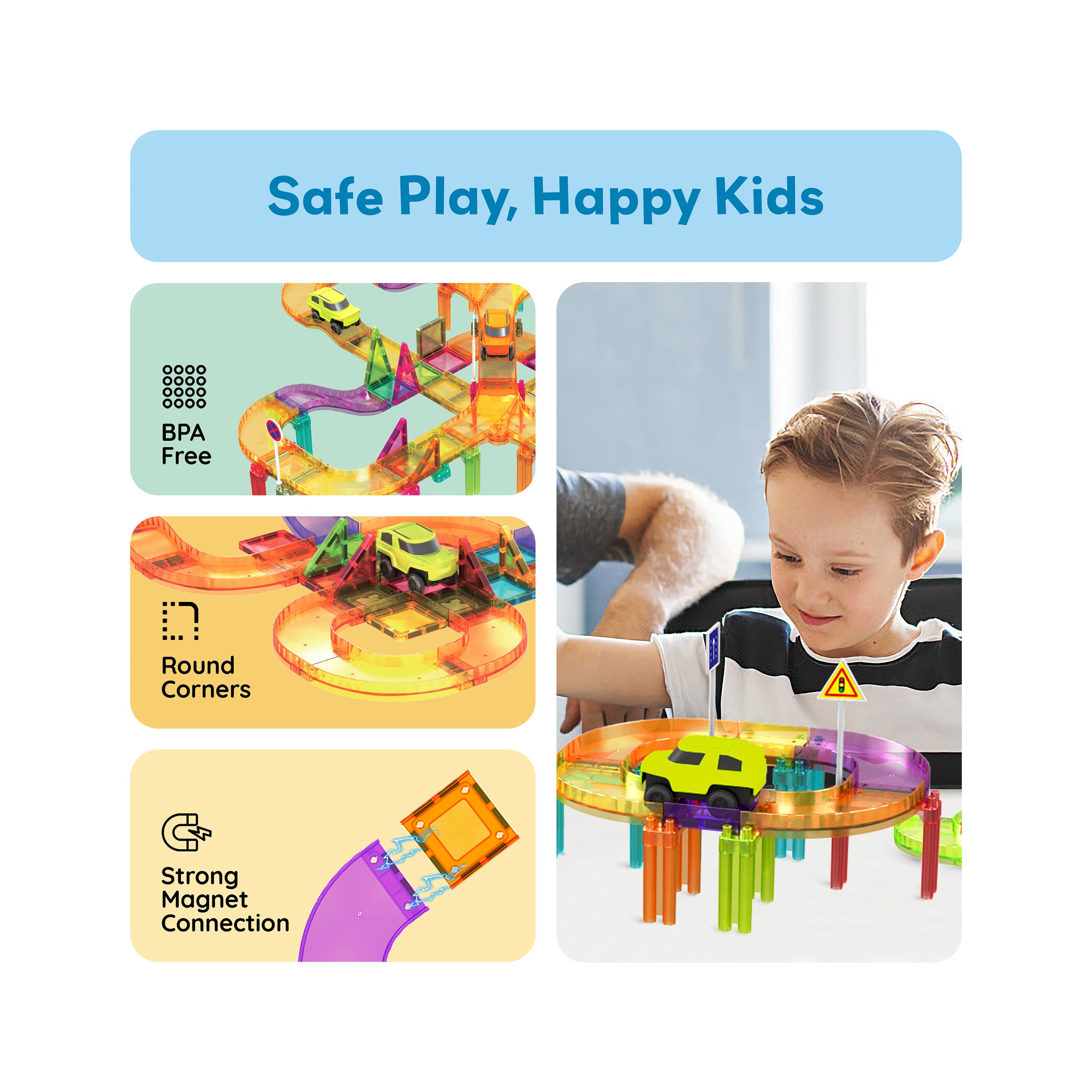 Boy playing with a magnetic race track playset next to safety panels highlighting BPA-free, round corners, and strong magnet connection features.