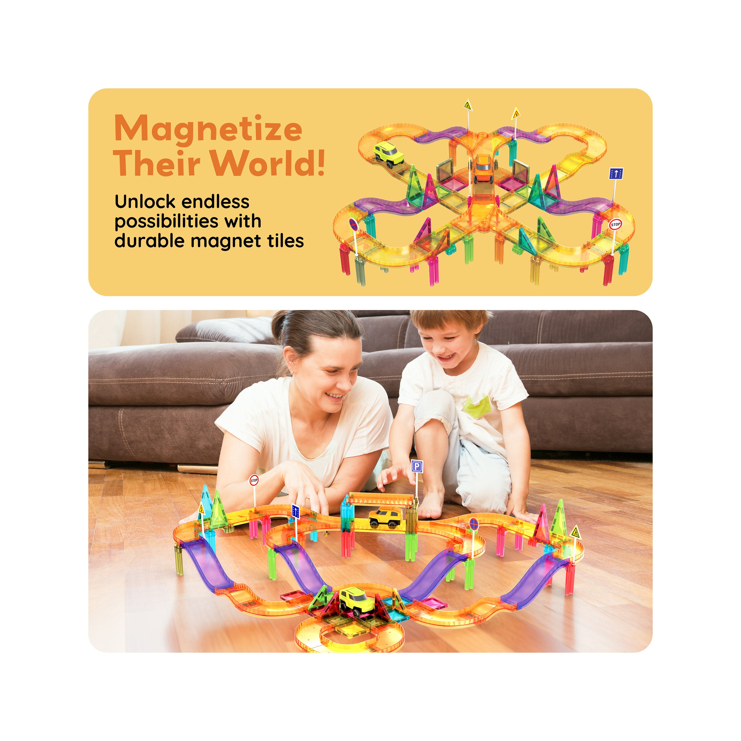 Mother and child playing with a magnetic race track playset on the floor below "Magnetize Their World!" banner.