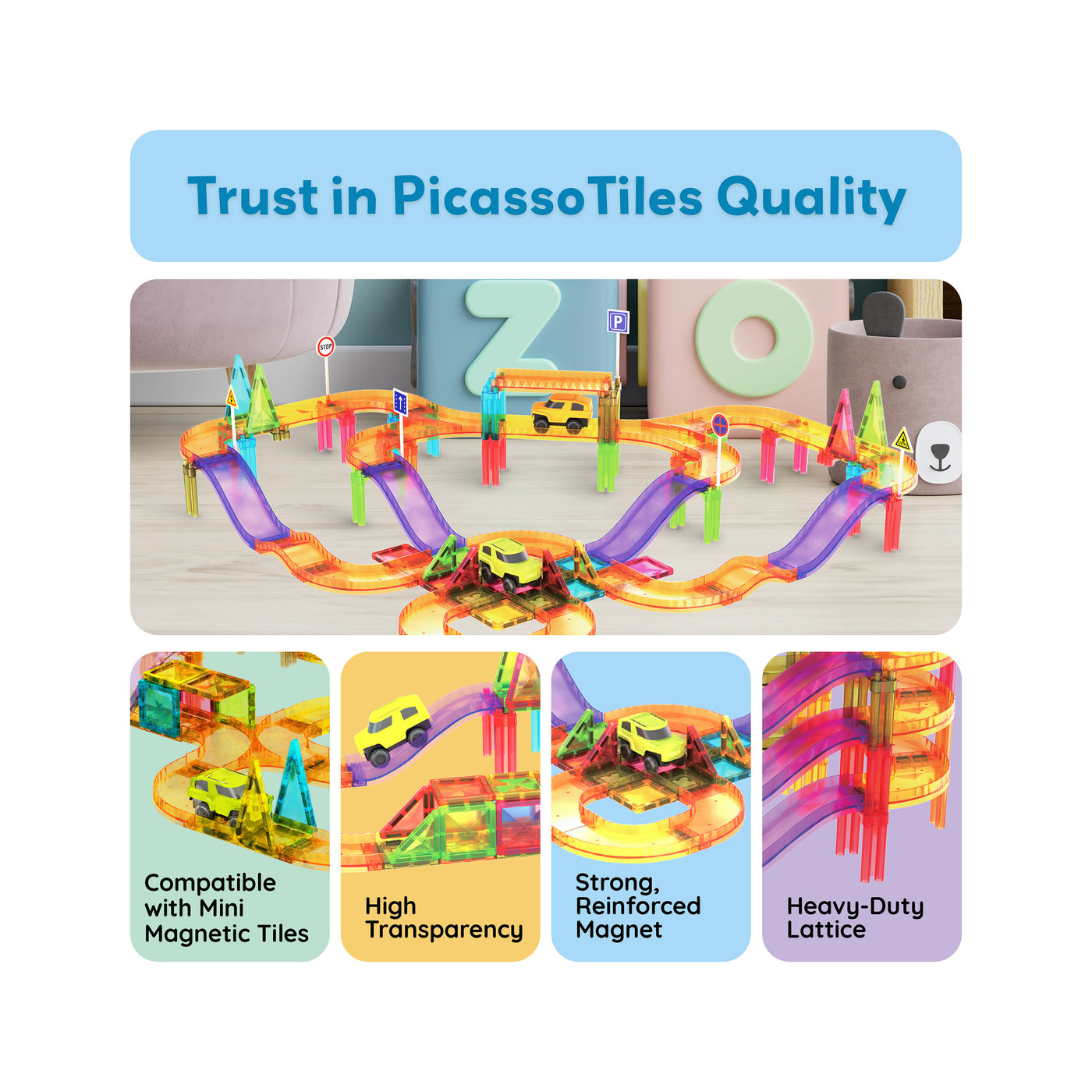 Magnetic race track playset displayed above four feature panels highlighting compatibility, transparency, and build quality.