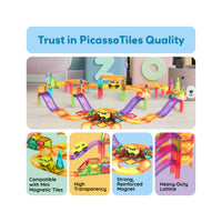 Magnetic race track playset displayed above four feature panels highlighting compatibility, transparency, and build quality.
