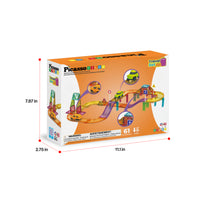 PicassoTiles 61-piece magnetic race track travel set box with product dimensions (7.87 in x 11.1 in x 2.75 in)