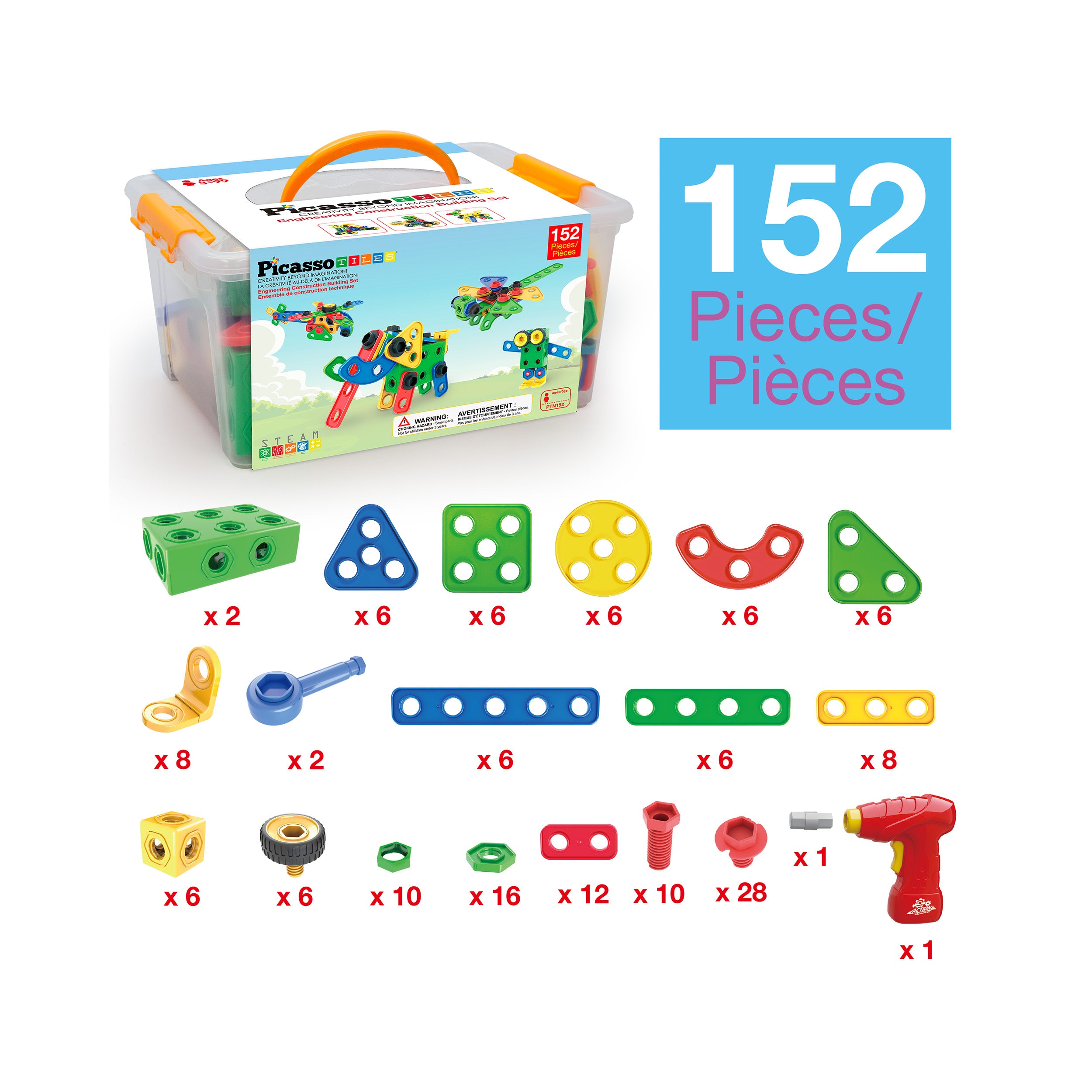 PicassoTiles 152pc Engineering Construction Set with Power Drill