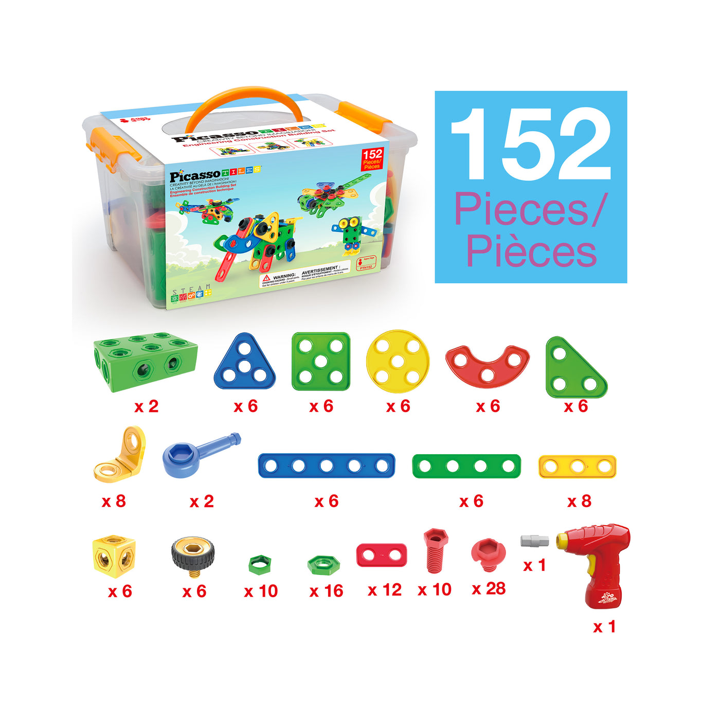 PicassoTiles 152pc Engineering Construction Set with Power Drill