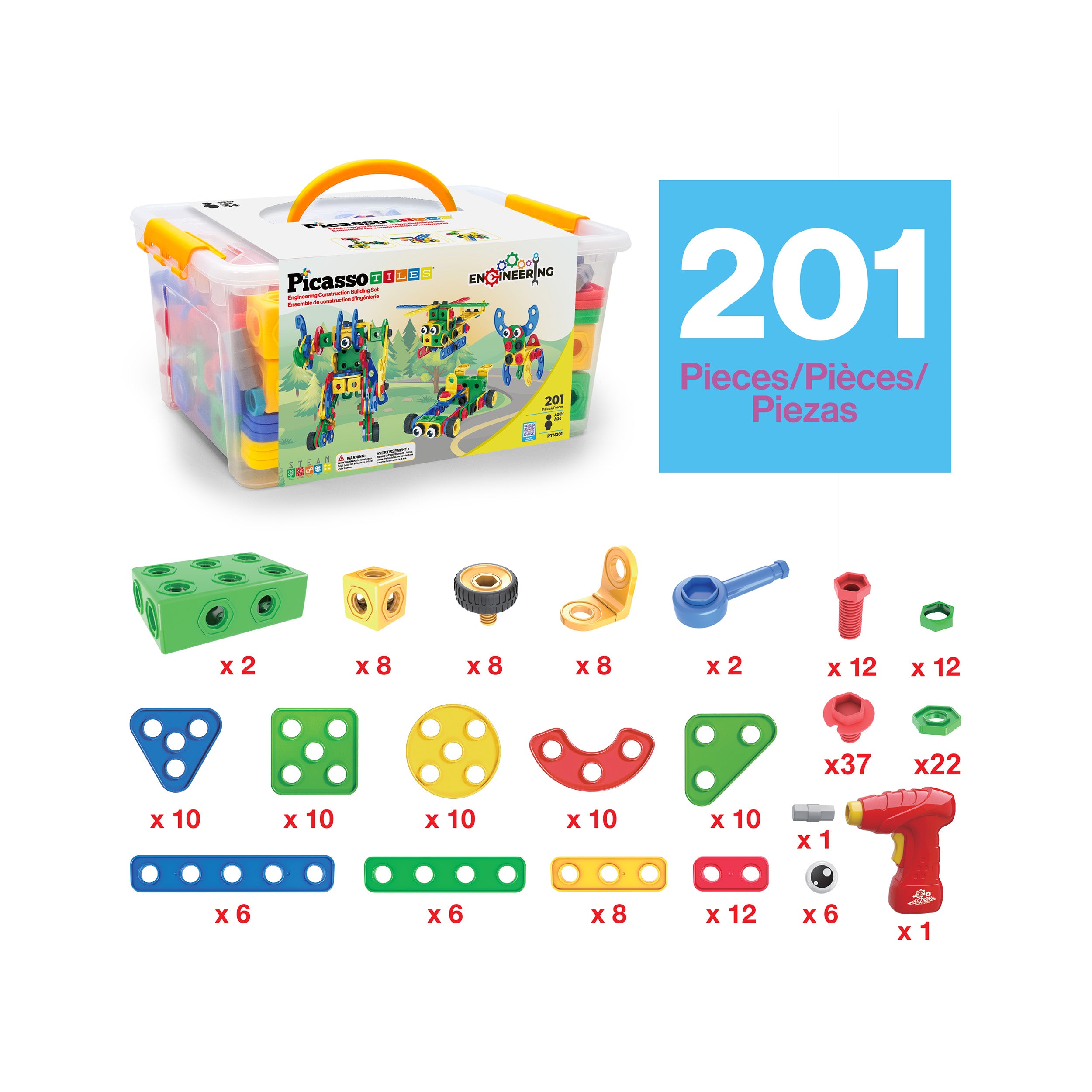 PicassoTiles 201pc Engineering Construction Set with Power Drill