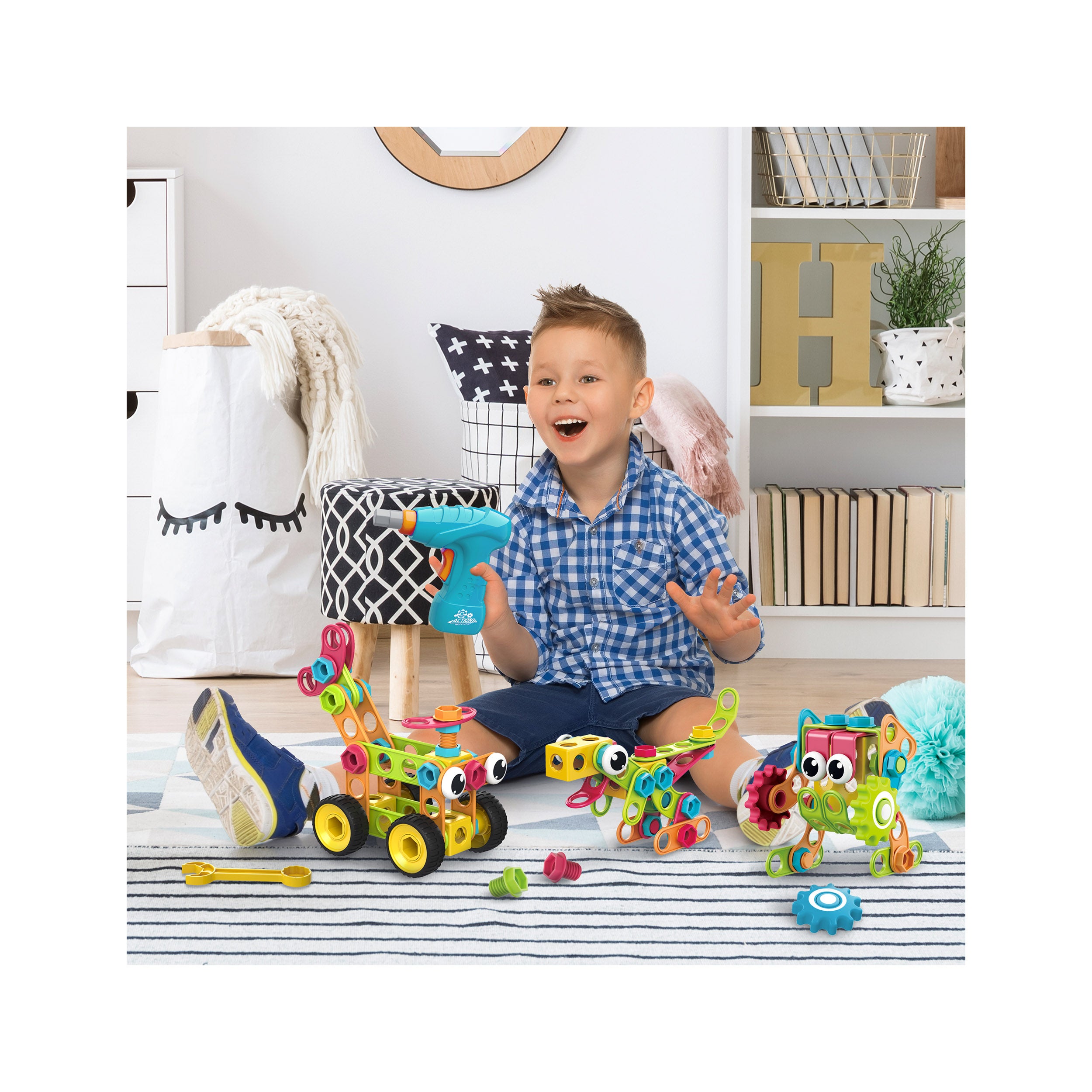 PicassoTiles Engineering Construction Set with Toy Power Drill - 250 Pieces