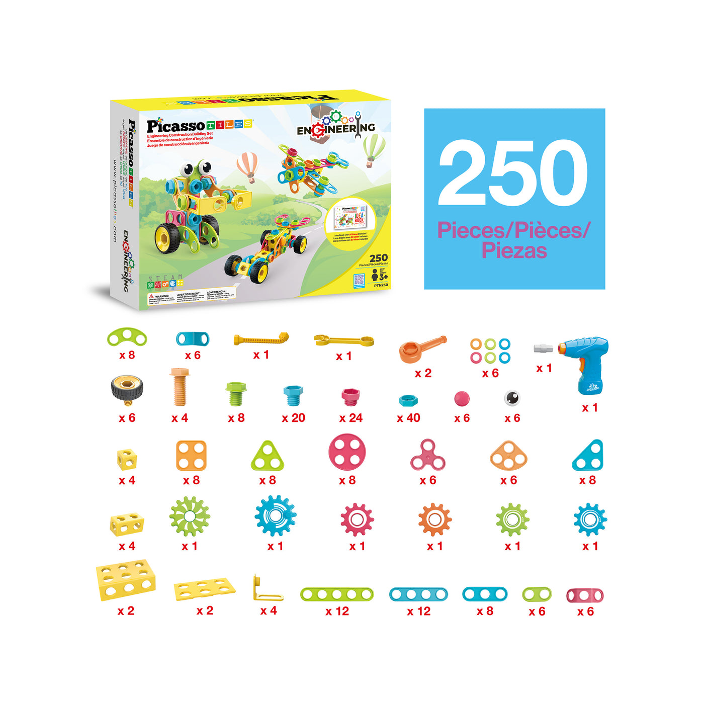 PicassoTiles Engineering Construction Set with Toy Power Drill - 250 Pieces