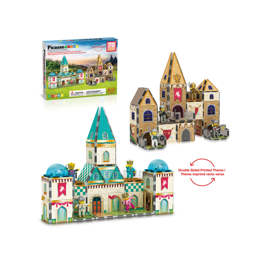 PicassoTiles 70-piece double-sided castle magnetic set box showing light teal palace and brown medieval fortress builds.
