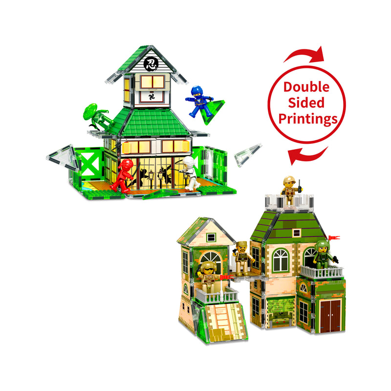 PicassoTiles double-sided magnetic set infographic displaying a green ninja dojo build and a military base fort build.