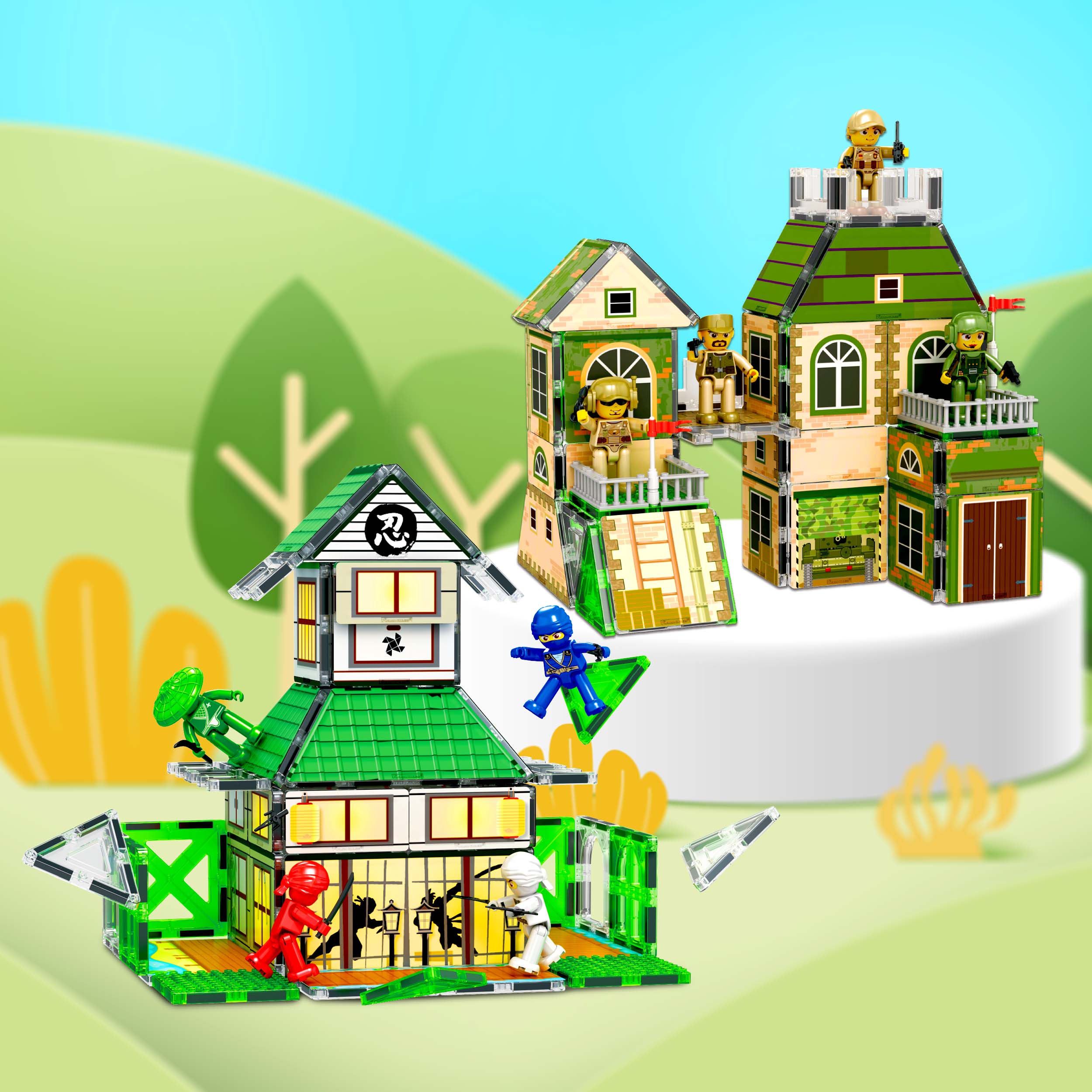 PicassoTiles 102pc Magnetic Tile 2-in-1 Ninja & Troops Set