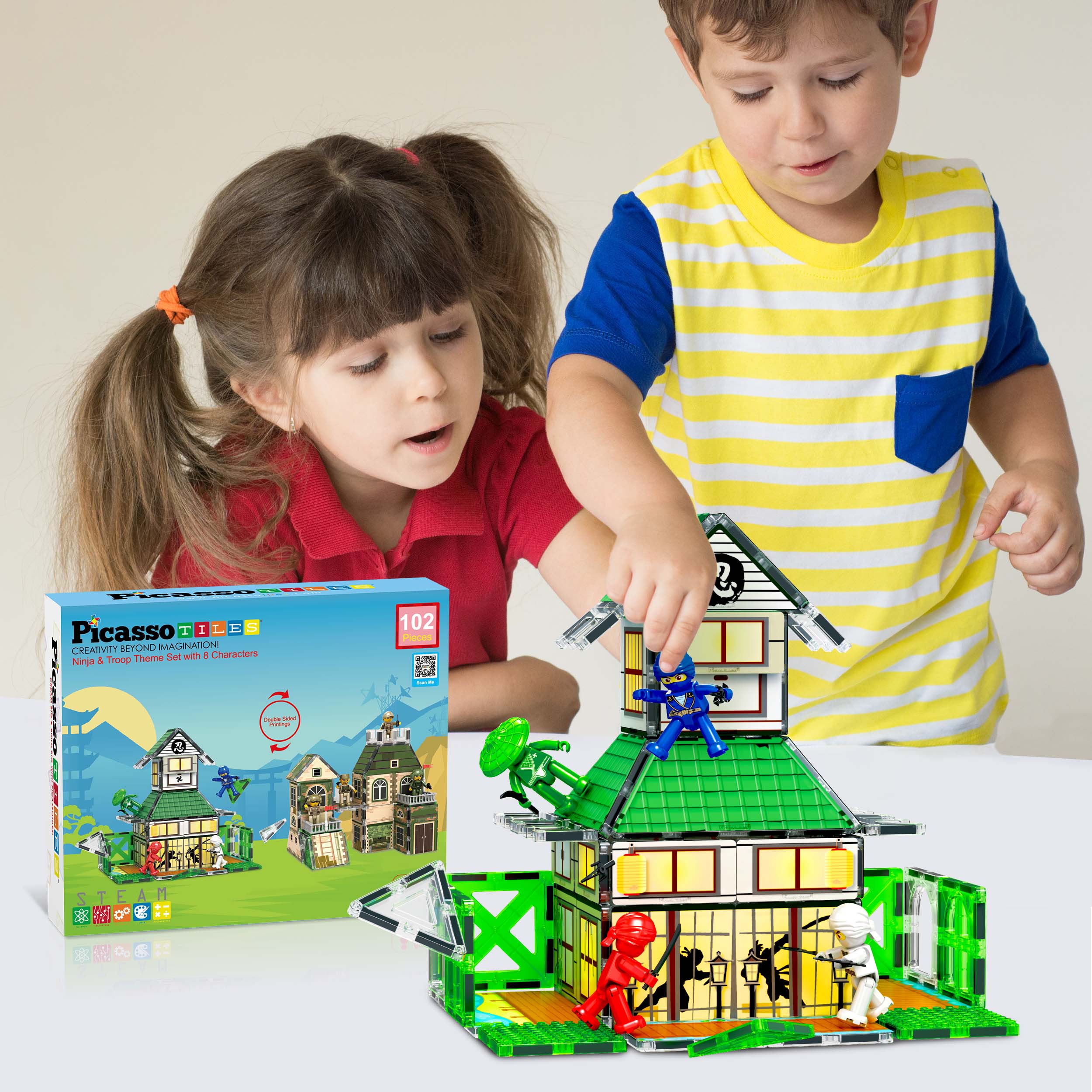 PicassoTiles 2-in-1 Ninja & Troop Combat Force Magnetic Building Set