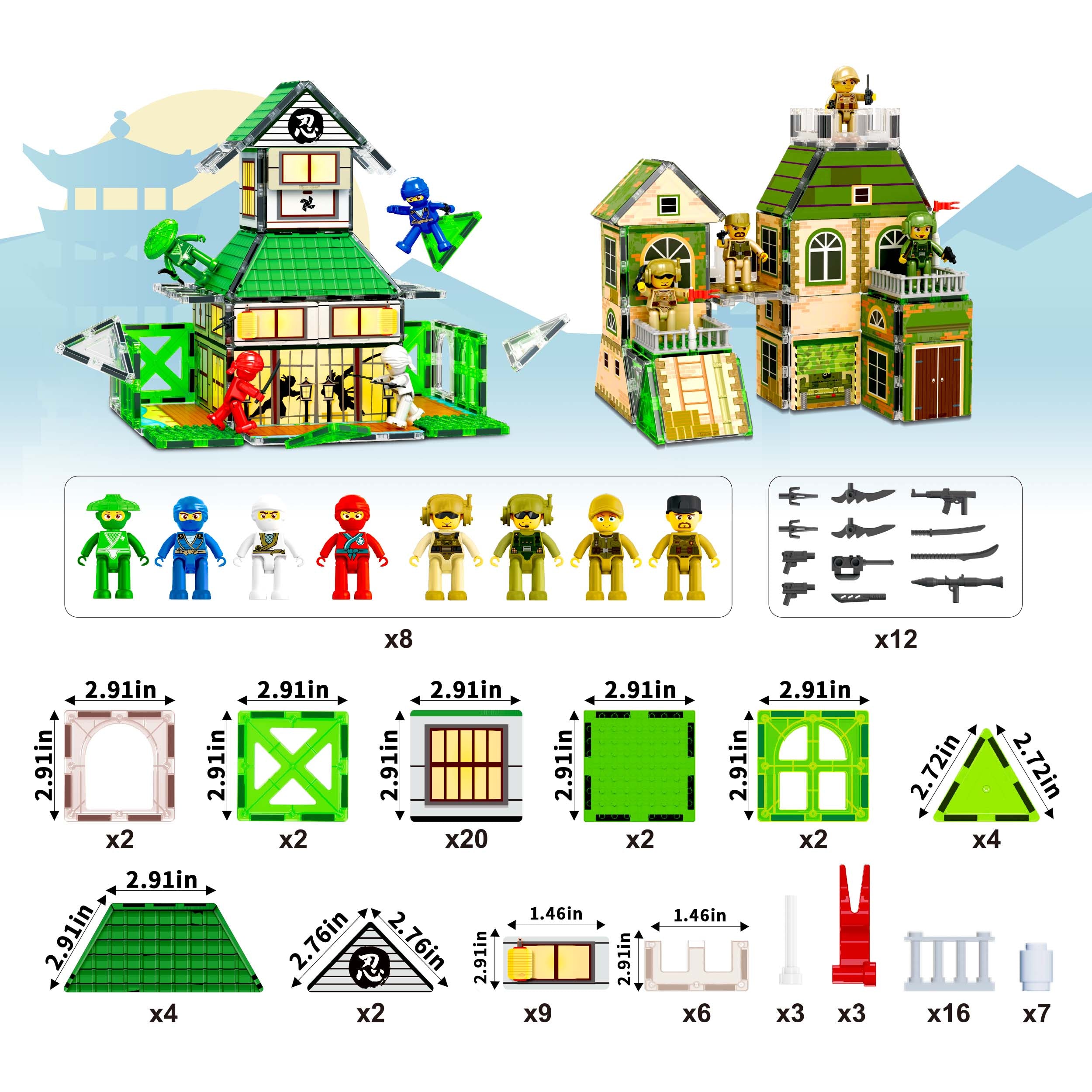 PicassoTiles 102pc Magnetic Tile 2-in-1 Ninja & Troops Set