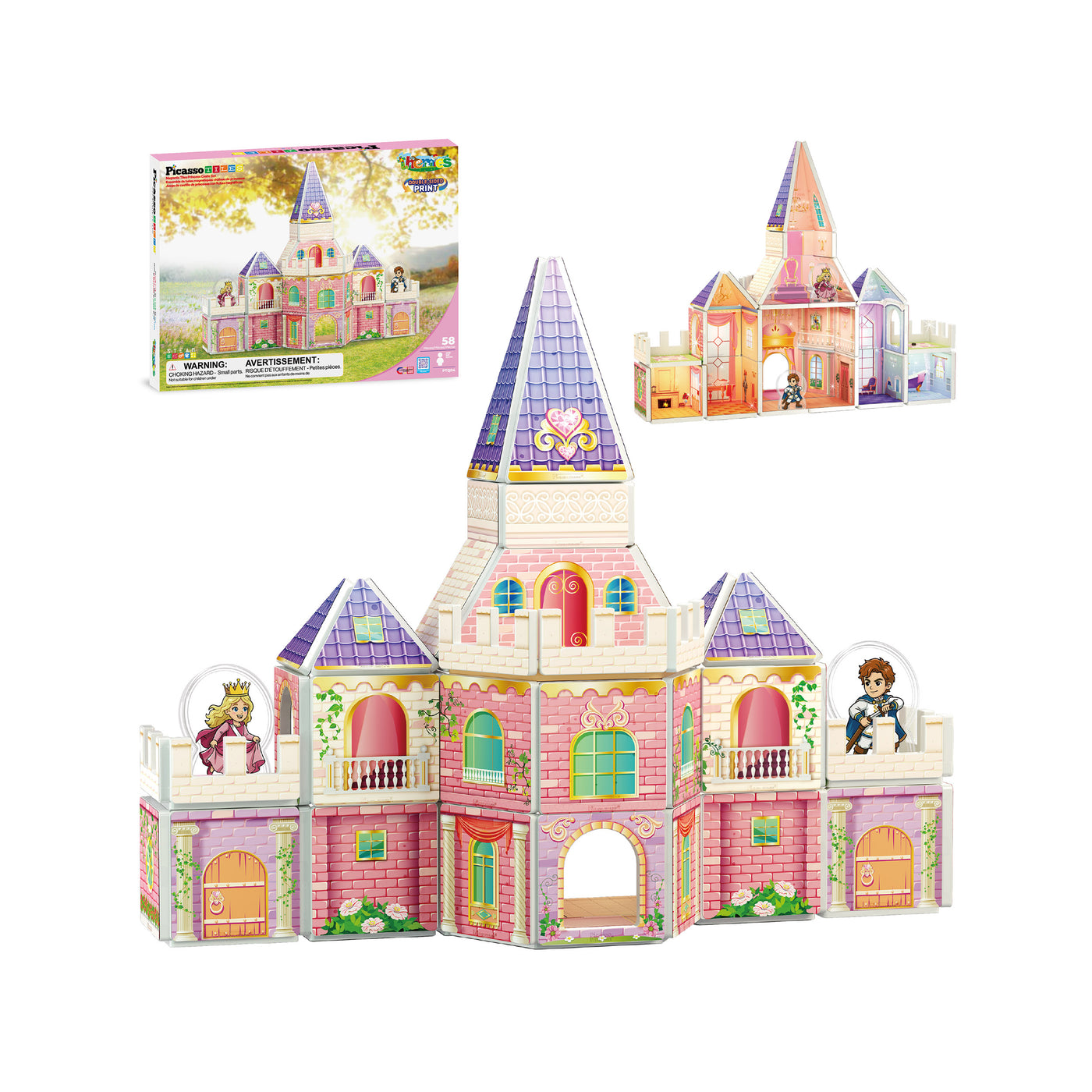 PicassoTiles princess castle magnetic building set featuring pink and purple towers, character figures, and packaging box.