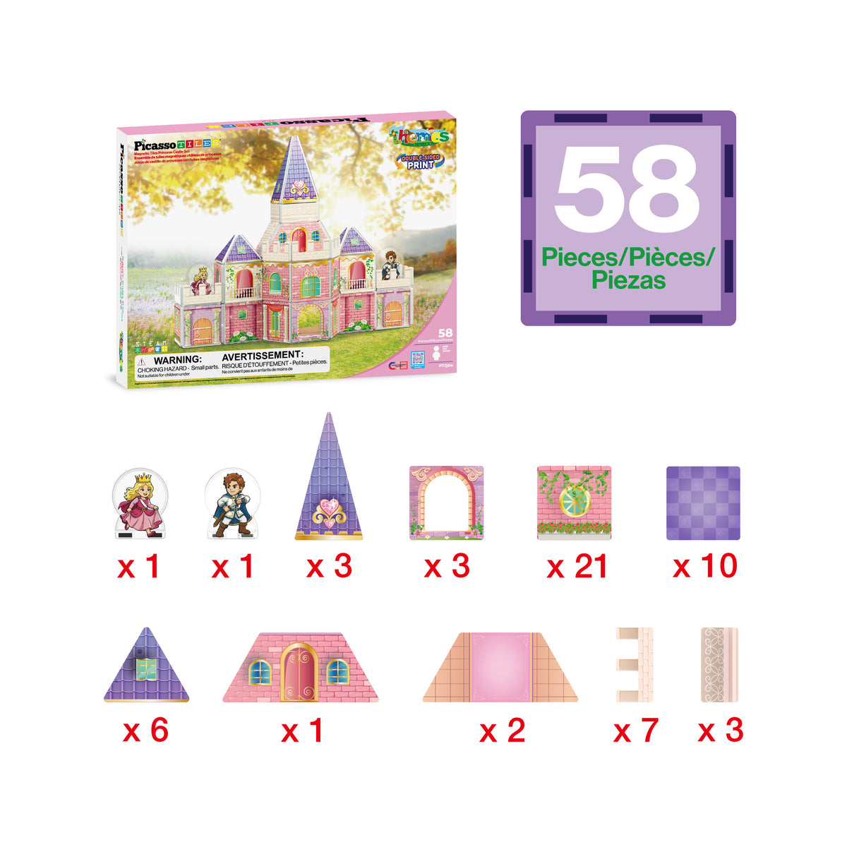 PicassoTiles 58-piece princess castle playset piece breakdown diagram with packaging box.