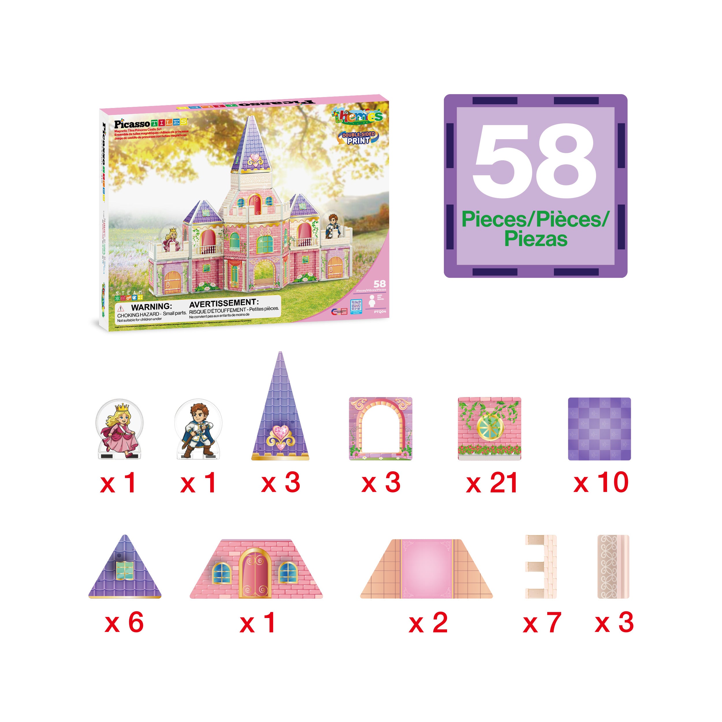 PicassoTiles 58-piece princess castle playset piece breakdown diagram with packaging box.