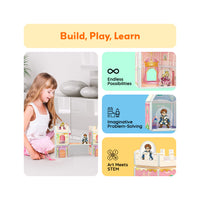 Girl building a princess castle set next to creativity, problem-solving, and STEM learning panels.