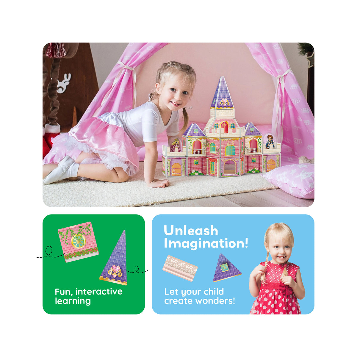Girl playing with a princess castle set inside a play tent above interactive learning and imagination panels.