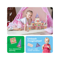 Girl playing with a princess castle set inside a play tent above interactive learning and imagination panels.