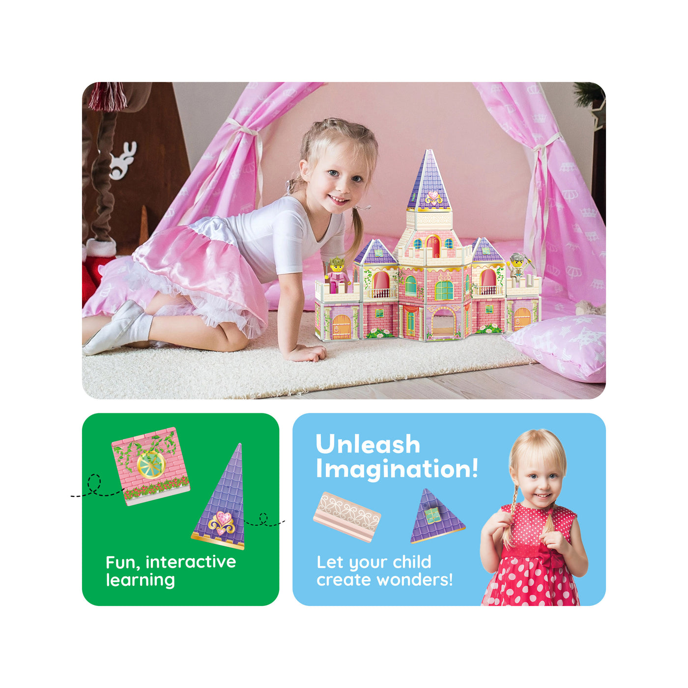PicassoTiles 60pc Magnetic Tile Princess Castle Set