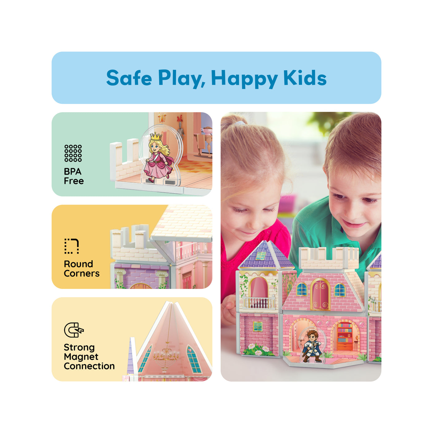 Two kids playing with a magnetic castle dollhouse beside BPA-free, round corners, and magnet safety panels.
