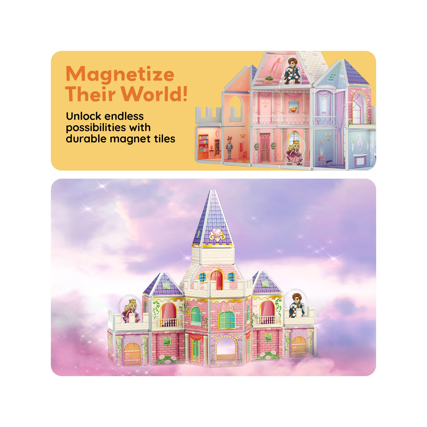 PicassoTiles magnetic princess castle in a dreamy sky setting below a "Magnetize Their World!" banner.