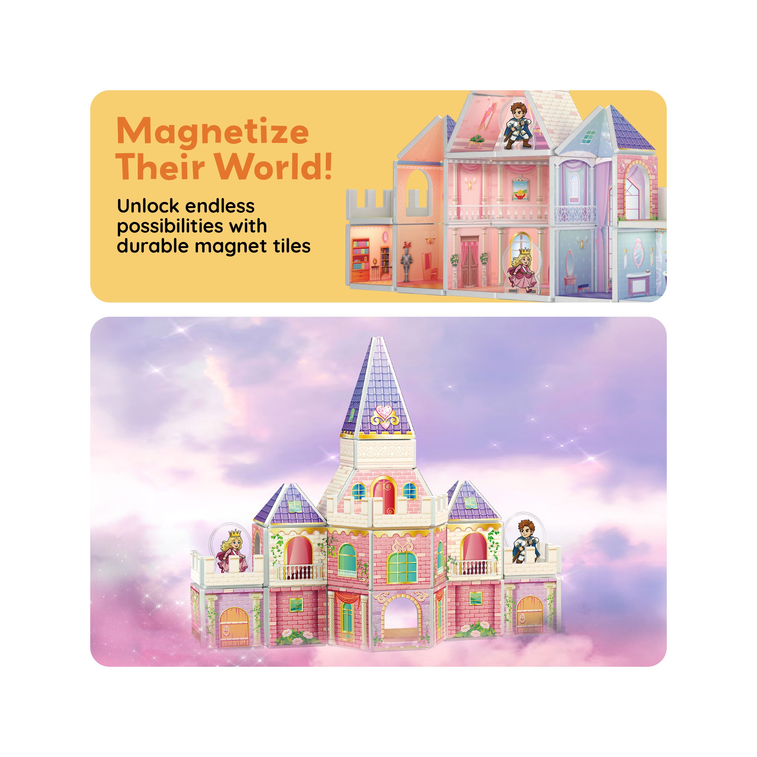 PicassoTiles magnetic princess castle in a dreamy sky setting below a "Magnetize Their World!" banner.
