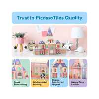 PicassoTiles princess castle on a desk below four feature panels highlighting double-sided printing, magnets, and heavy-duty lattice.
