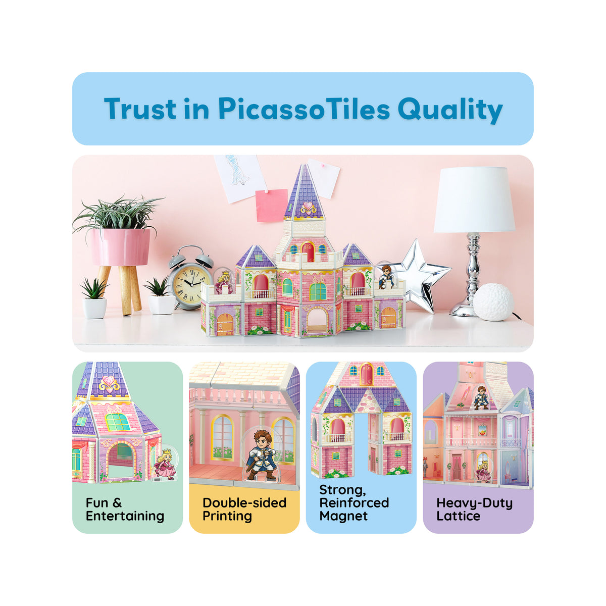 PicassoTiles princess castle on a desk below four feature panels highlighting double-sided printing, magnets, and heavy-duty lattice.