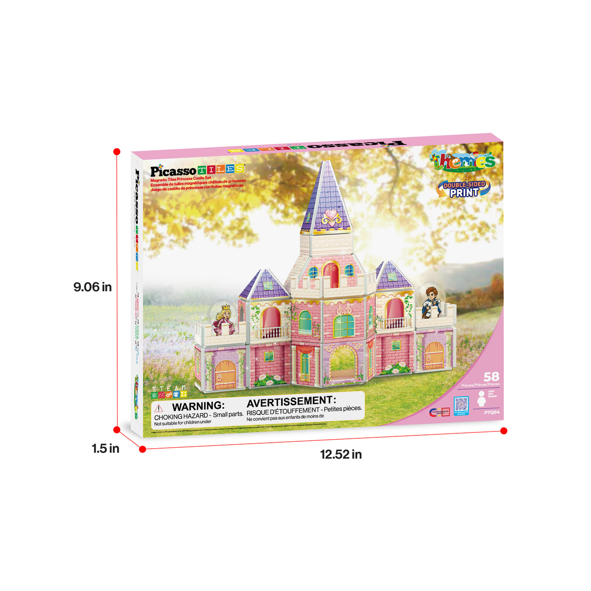 PicassoTiles 58-piece princess castle box with dimensions (9.06 in x 12.52 in x 1.5 in).