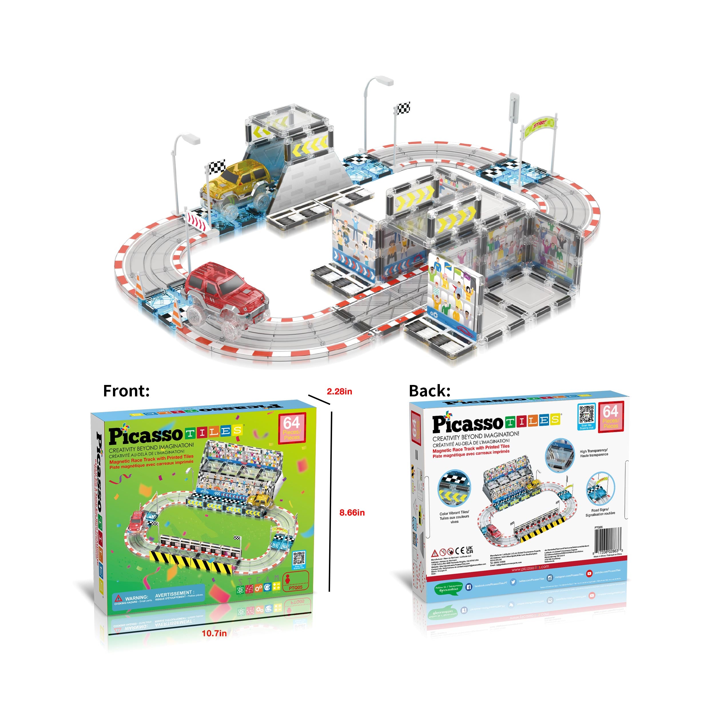 PicassoTiles Magnetic Racetrack Stadium Construction with trucks and accessories