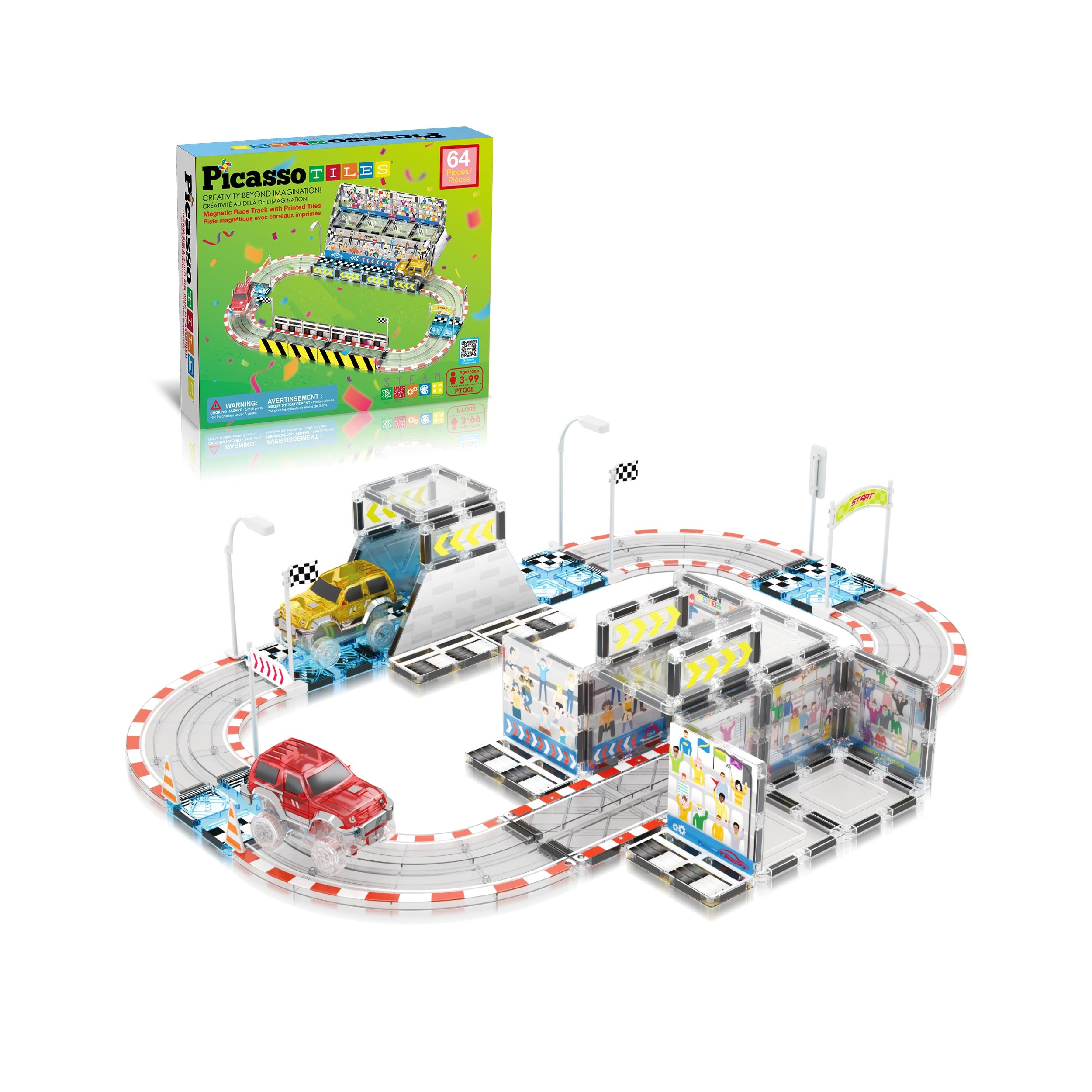 PicassoTiles Magnetic Race Car Track Construction Kit with 2 Trucks, S
