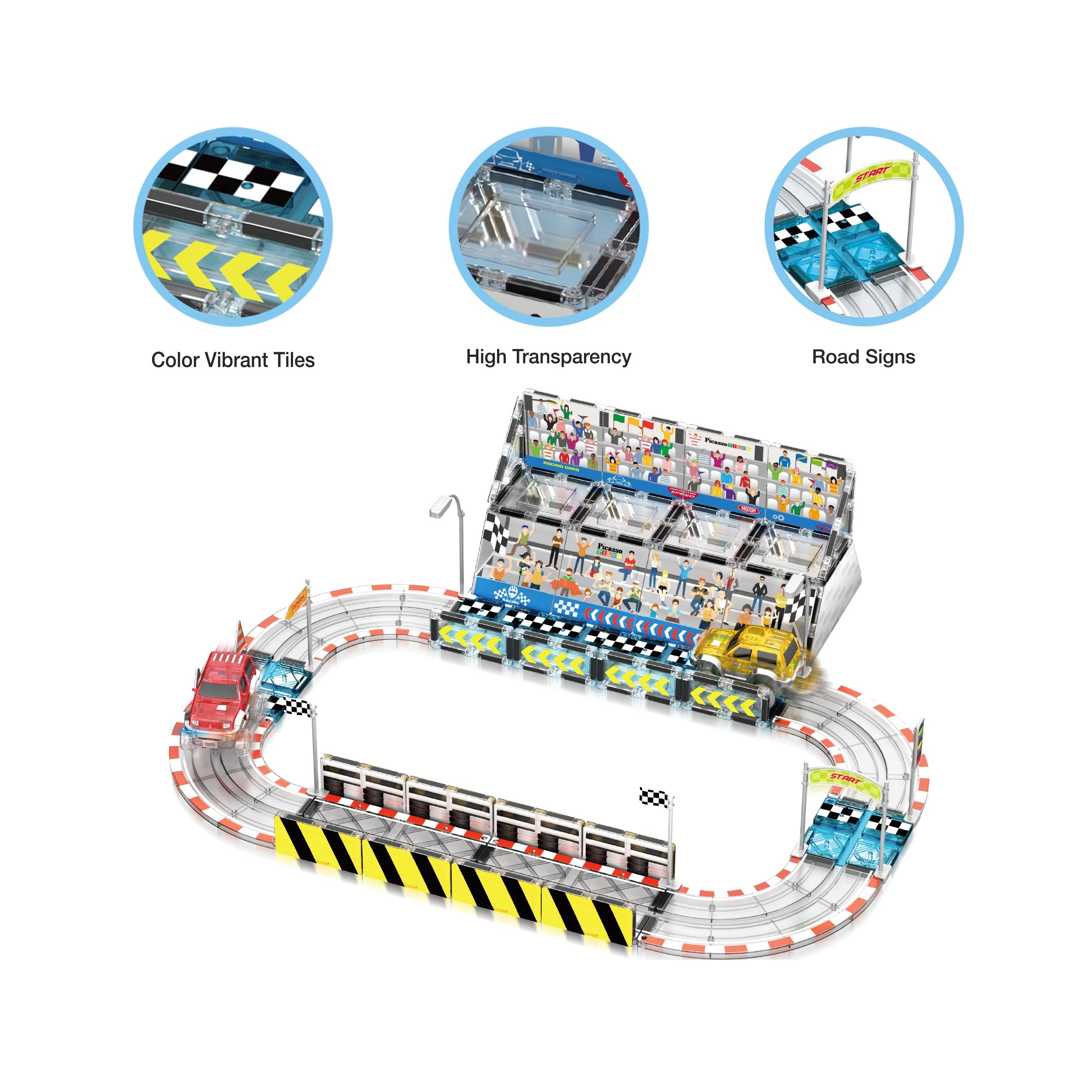 PicassoTiles Magnetic Racetrack Stadium Construction with trucks and a