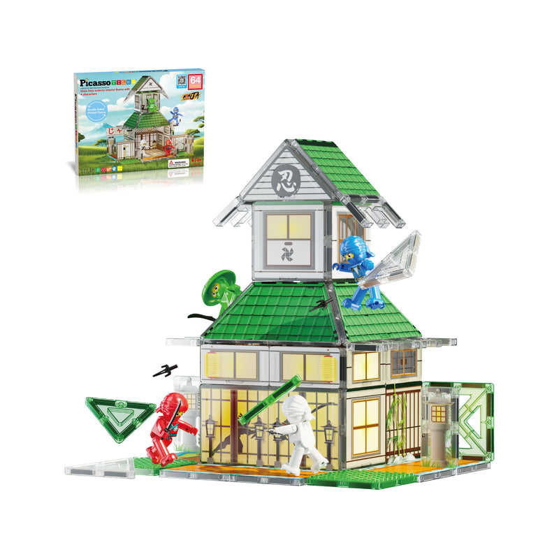 Ninja dojo house built with magnetic tiles featuring green roof, action figures, and detailed ninja-themed accessories