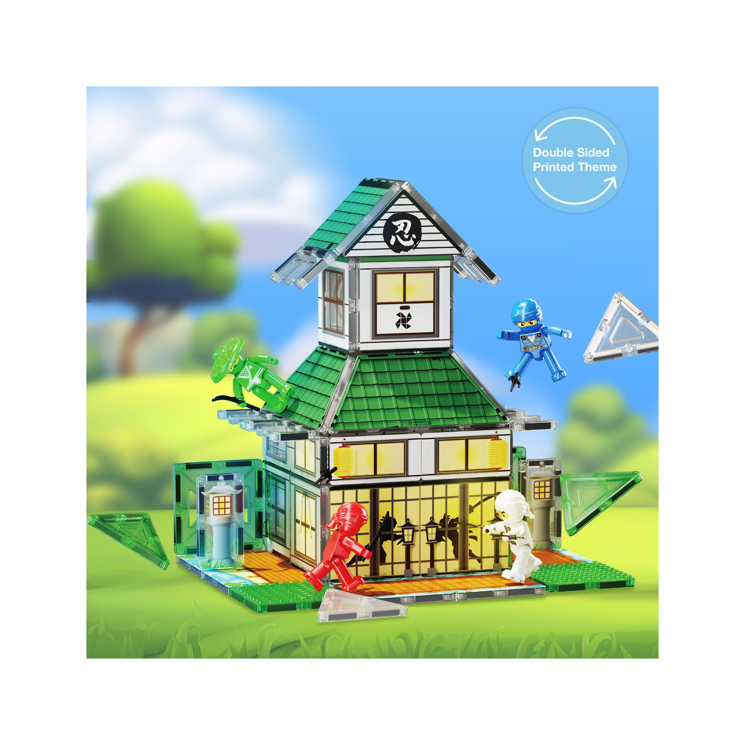 PicassoTiles 64pc Magnetic Tile Ninja Dojo House Martial Arts Playset
