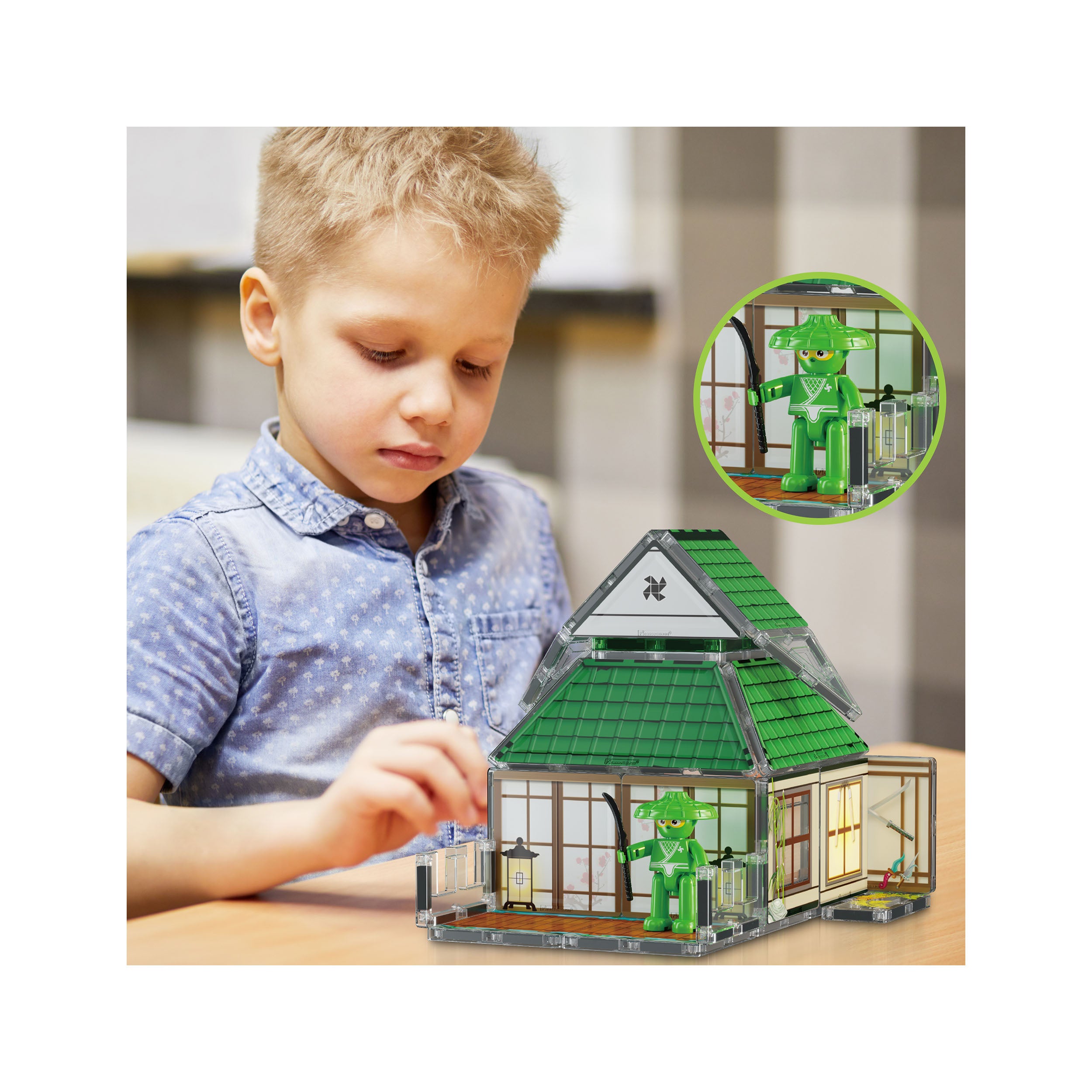PicassoTiles 64pc Magnetic Tile Ninja Dojo House Martial Arts Playset