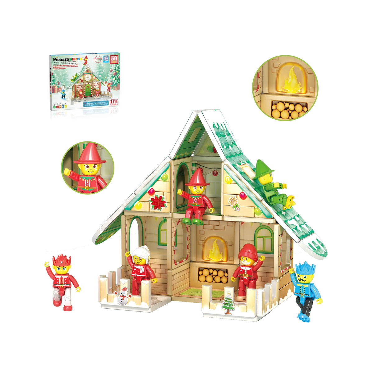 Assembled holiday-themed magnetic tile house featuring a cozy fireplace, Christmas decor, and several cartoon elf figures.