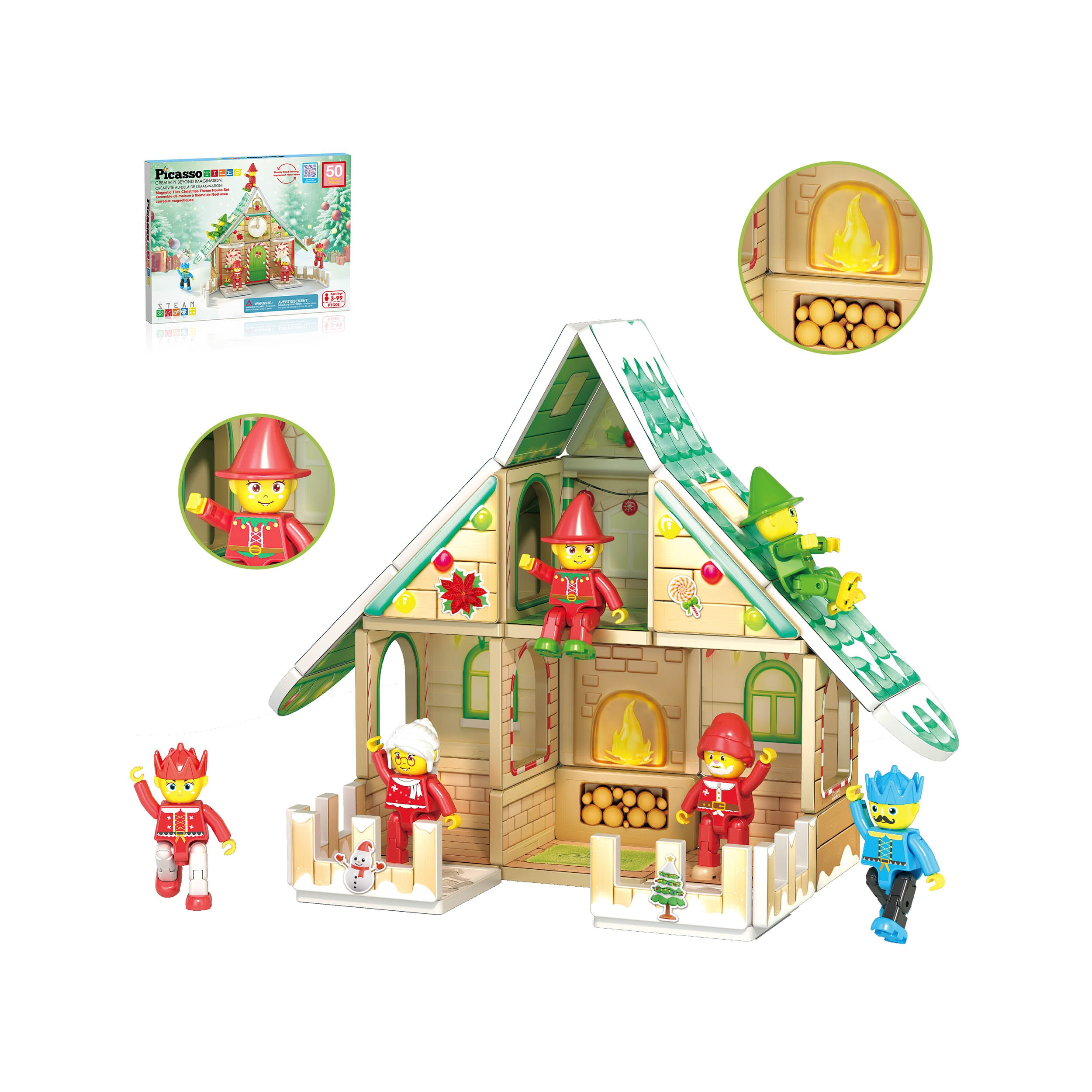 PicassoTiles Magnetic Tiles Christmas Cottage Set with Character Action Figures - 50 Pieces