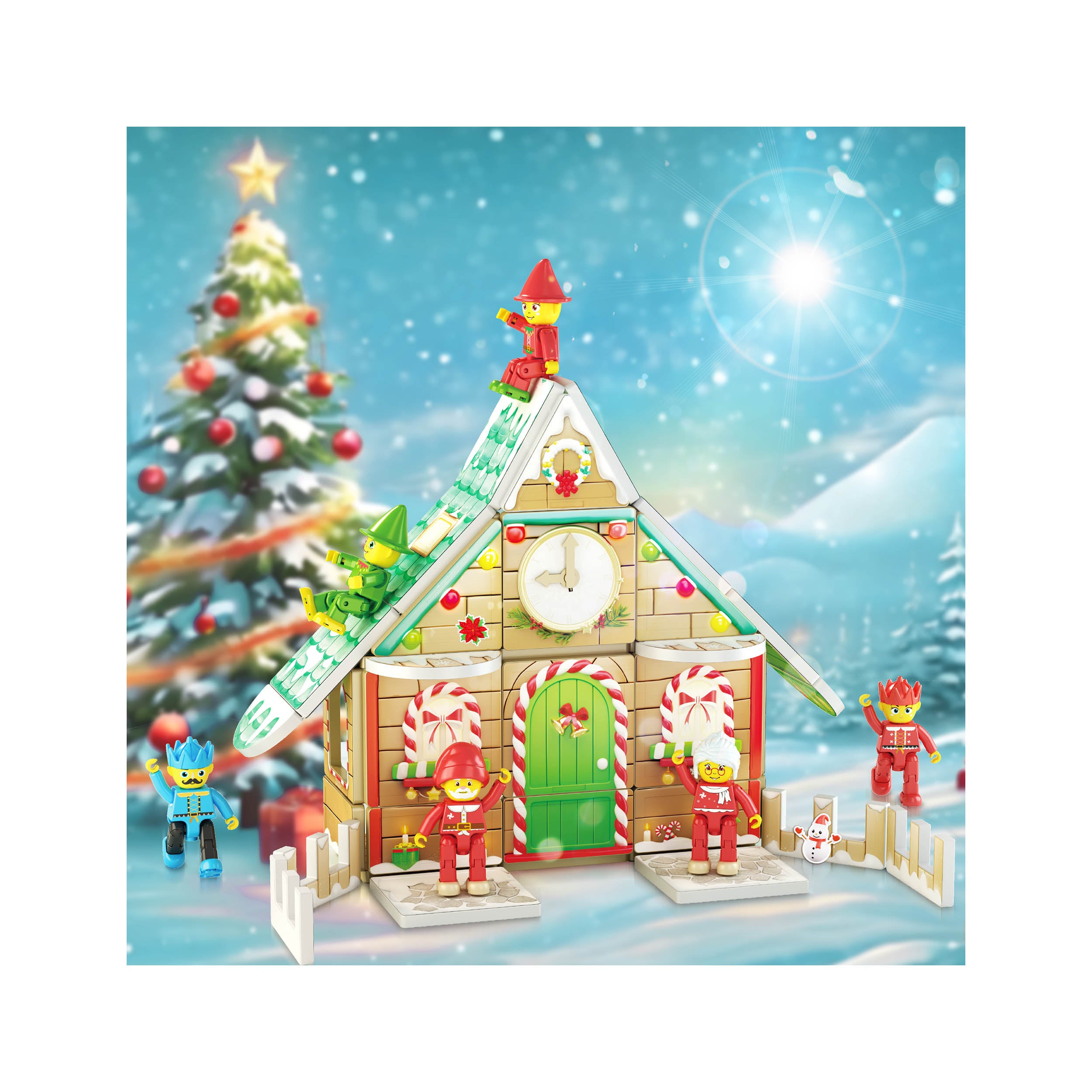 PicassoTiles Magnetic Tiles Christmas Cottage Set with Character Action Figures - 50 Pieces