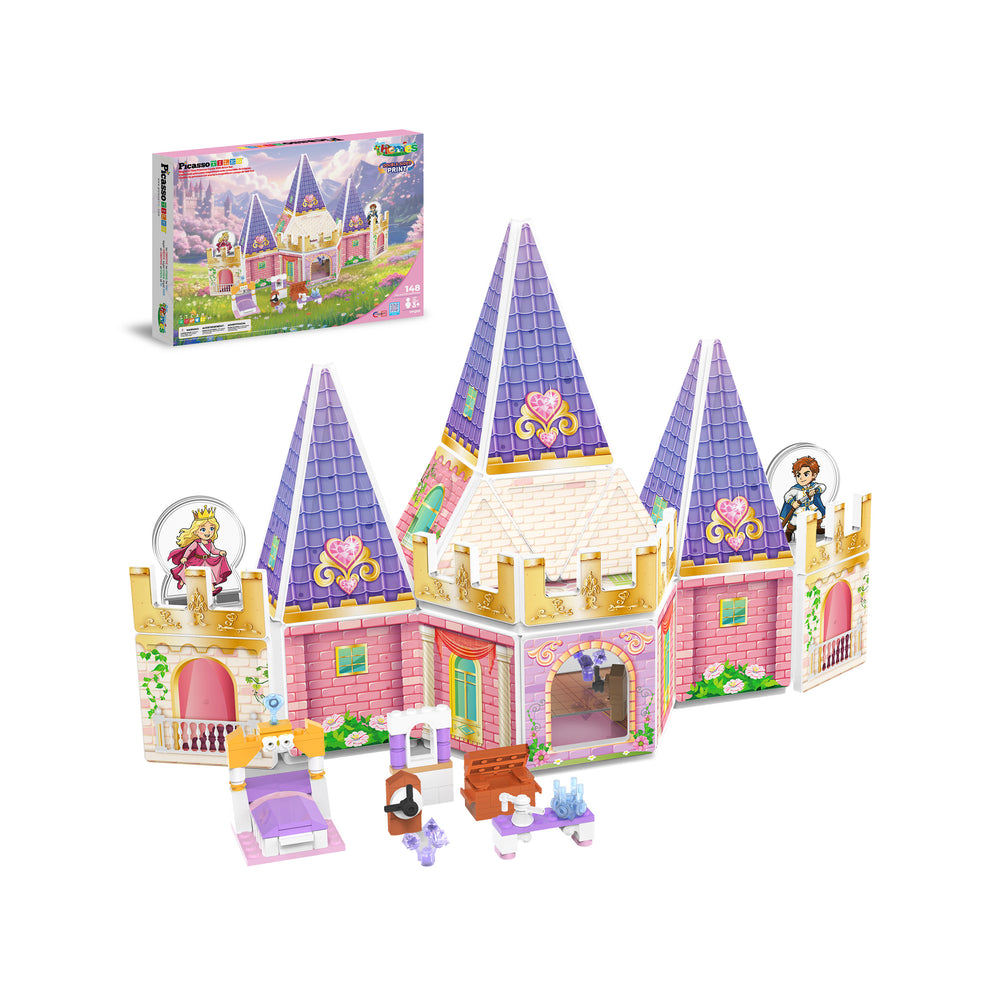 PicassoTiles pink princess castle magnetic playset with toy furniture, character figures, and product box.