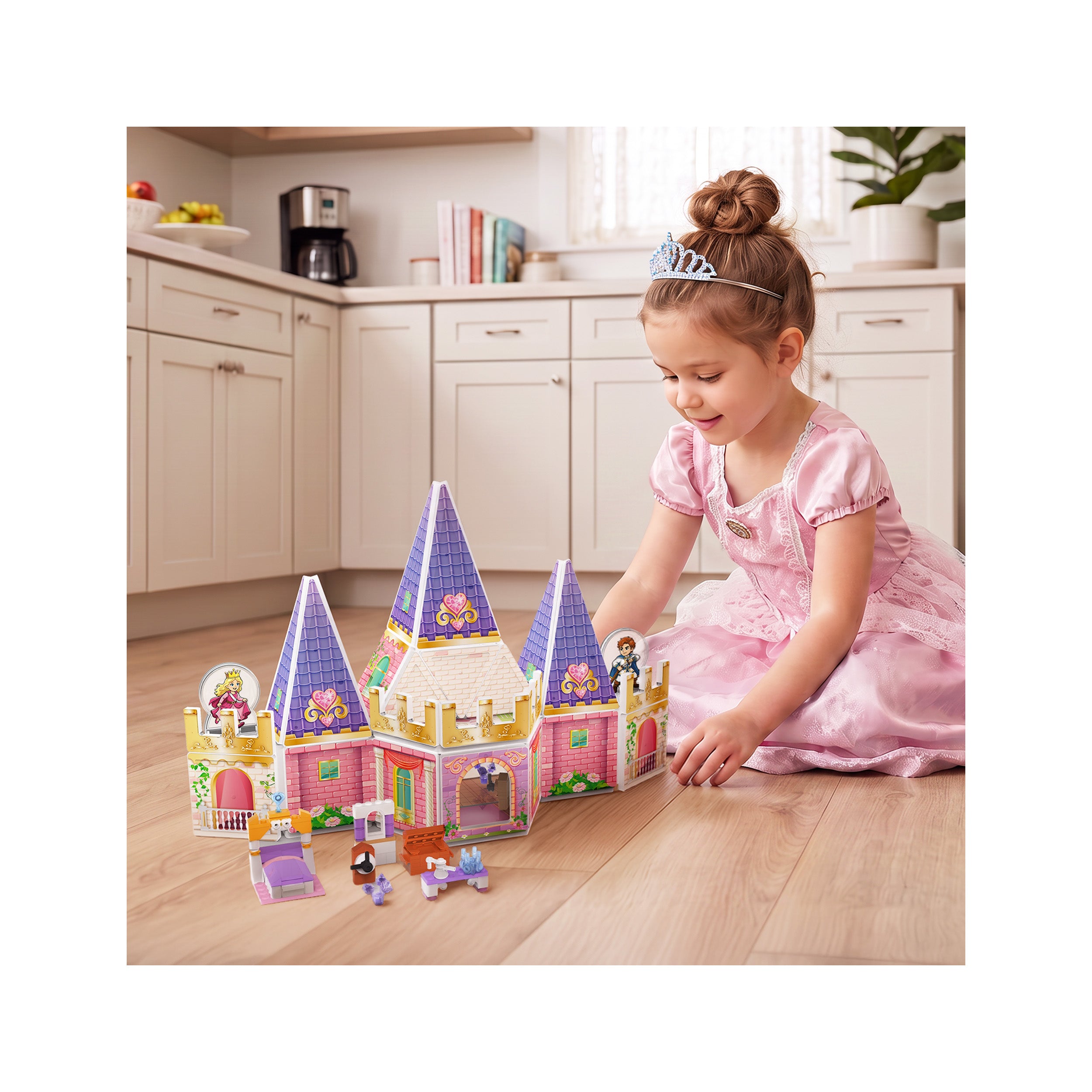 Young girl in princess dress playing with a pink magnetic tile castle and miniature toy furniture set.