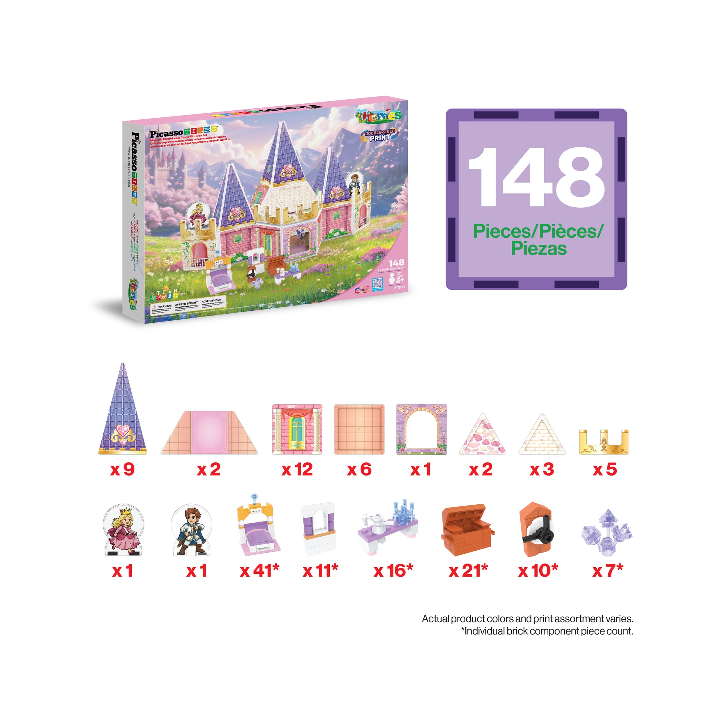 PicassoTiles 148-piece princess castle magnetic playset box and detailed piece breakdown diagram.